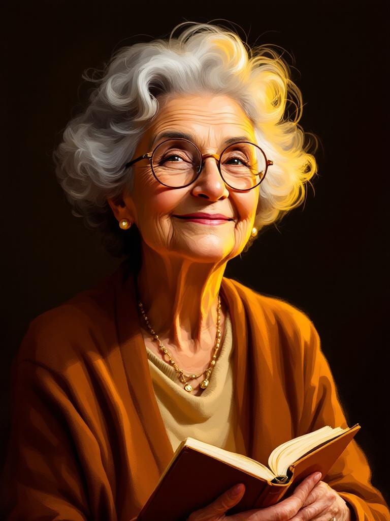 A grandmother holding a book, smiling warmly